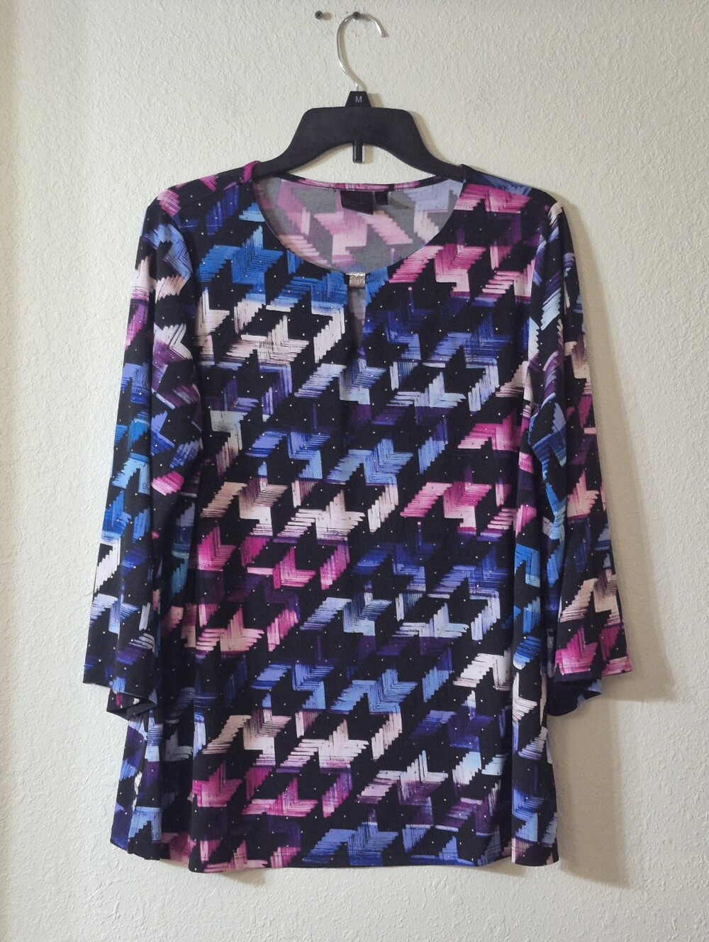 Rafaella Black Geometric Print Long Sleeve Top with Blue and Pink Accents